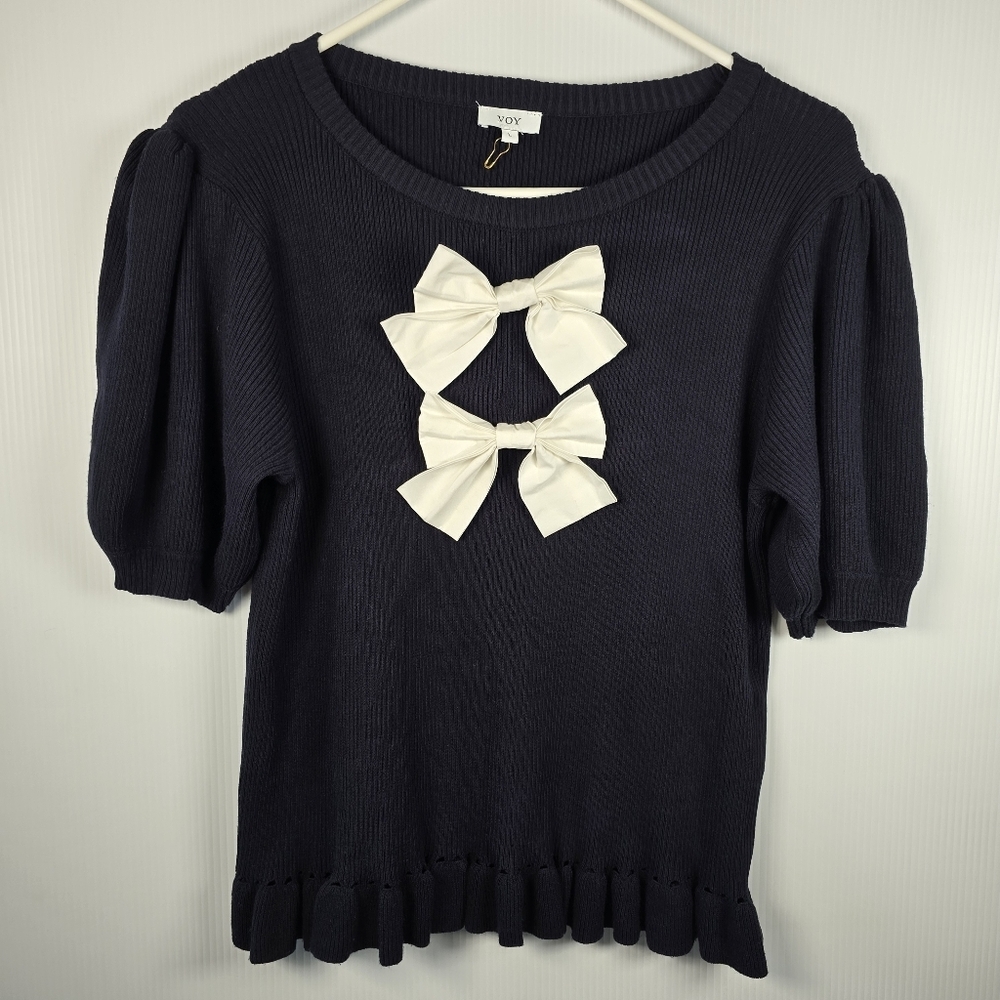 Voy Womens Navy Ribbed Short Puff Sleeve Sweater With White Bows Ruffle Size L - Picture 3 of 13